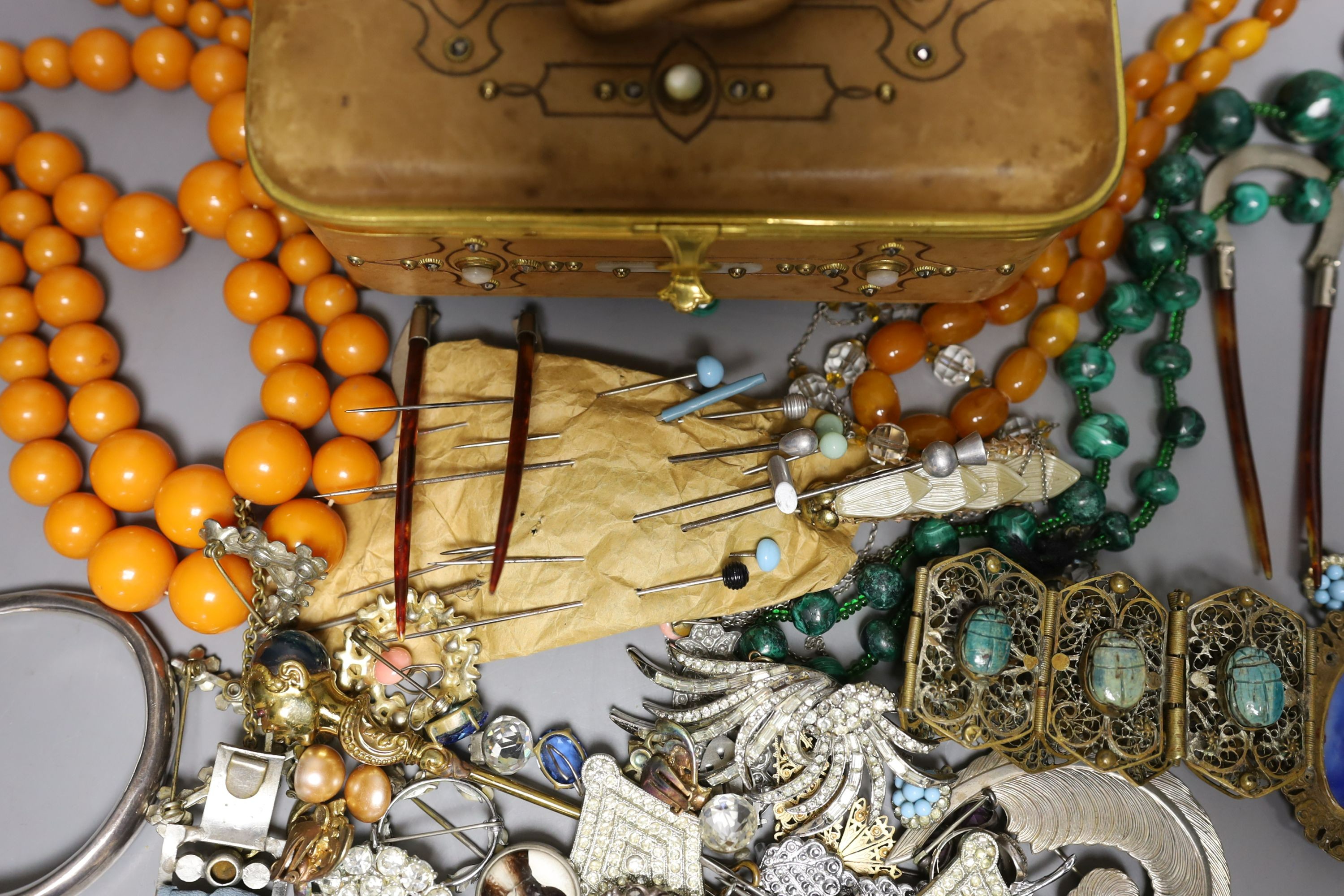 A 19th century calf skin and cut steel mounted trinket box and assorted costume jewellery, including a malachite necklace.